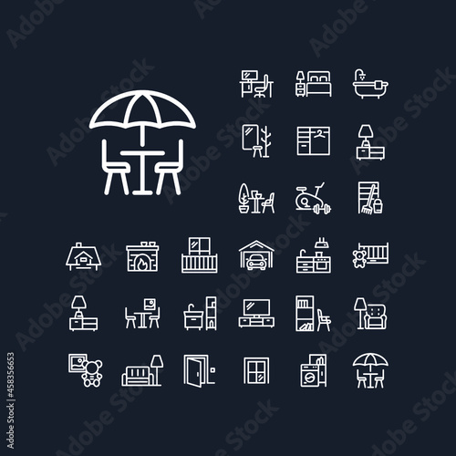 Table and chairs under sun umbrella line icon in set on the black background. High quality outline symbol for web design or mobile app.