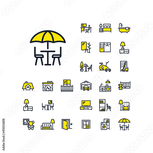 Table and chairs under sun umbrella line icon in set on the white background. Two-color high quality outline symbol for web design or mobile app.