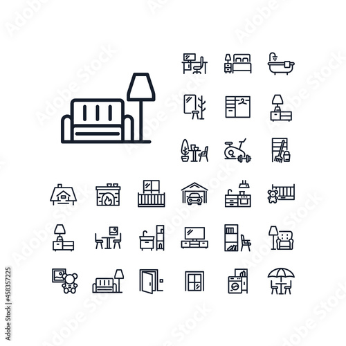 Sofa and floor lamp line icon in set on the white background. High quality outline symbol for web design or mobile app.