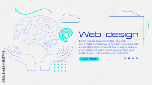 Bannière web vectorielle, illustration vectorielle. Mains, cerveau et technologie. Formes graphiques et abstraites. Illustration design et multimédia. Template numérique pour le web avec texte.