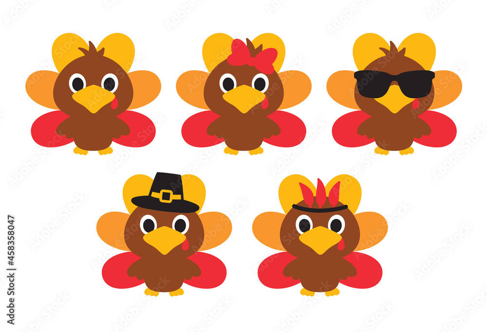 Obraz premium Cute fall baby turkeys with a bow, sunglasses, hat, and feather headband vector illustration.