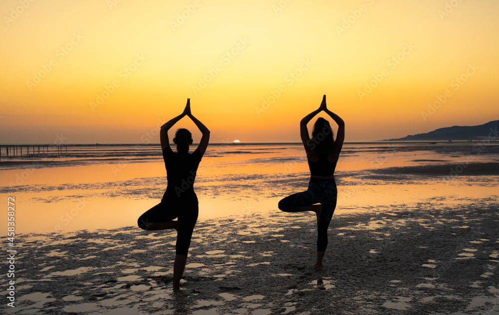 Two women practicing yoga at sunset doing the tree pose