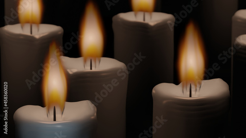 Candle wick and its flame in close range with mixed blur candle group in background  3D Rendering 