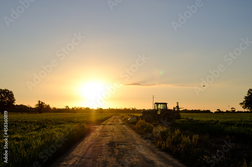 Tractor on the edge of a green rice field on a sunrise landscape with a gravel track