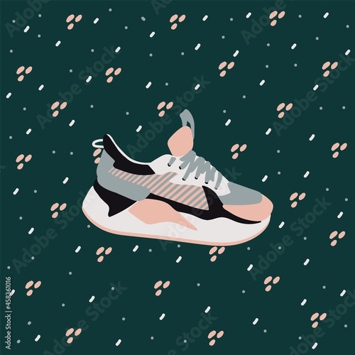 Bright sneakers poster. Cartoon sports shoes in the doodle circle. Fashionable sneakers for postcard design. Vector illustration