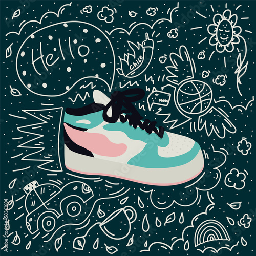 Illustration of sneakers in a circle of cartoon doodles. Funny drawings around the shoes. Sports shoes for a poster or banner. Vector illustration