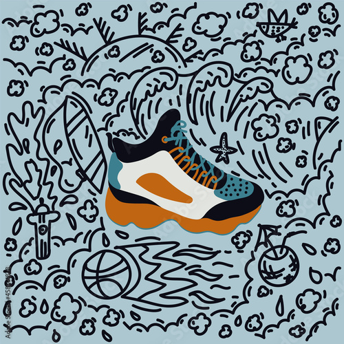 A poster with sneakers in the doodle circle. Cartoon illustrations around shoes for design. Vector illustration