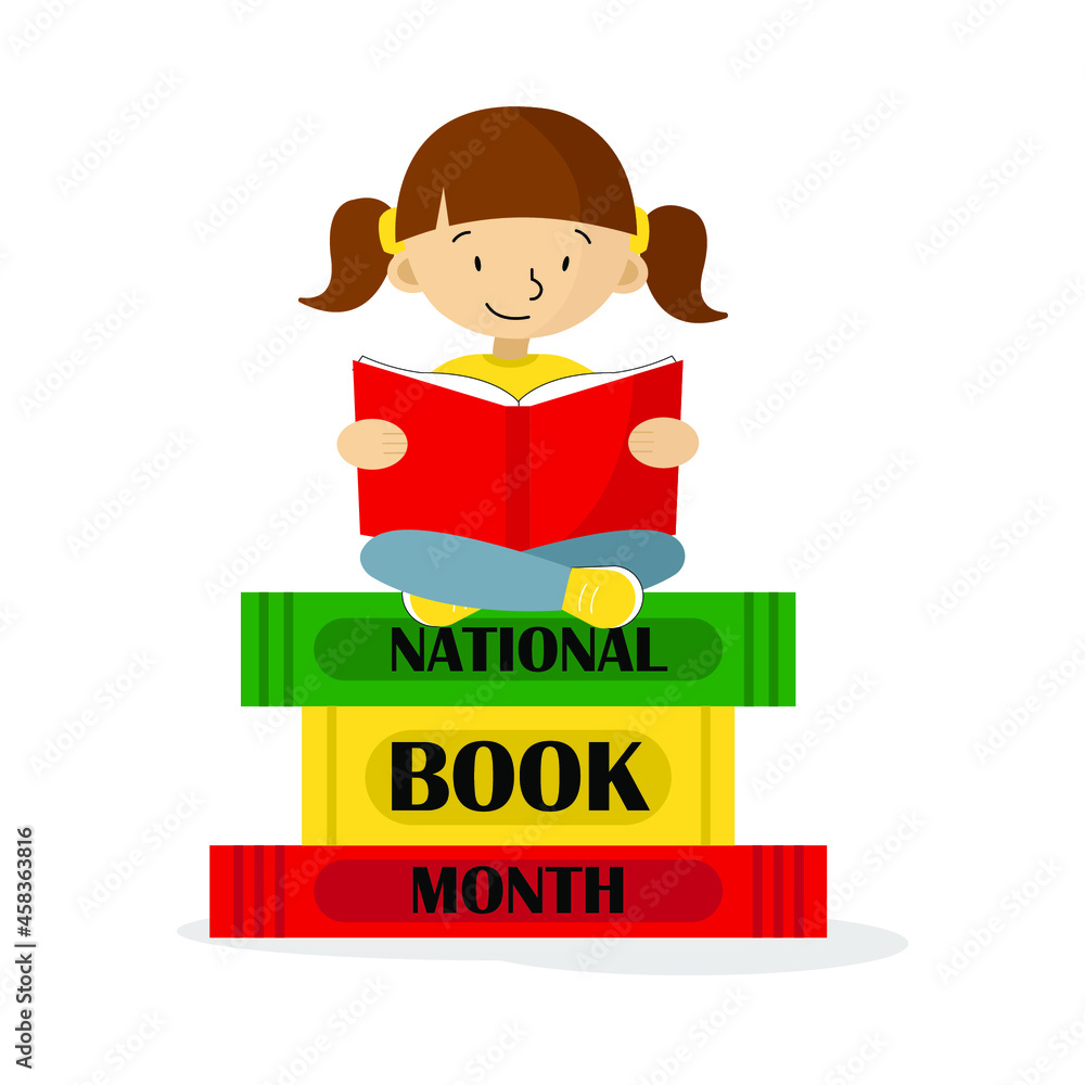 National Book Month concept. An illustration of a girl sitting on a ...