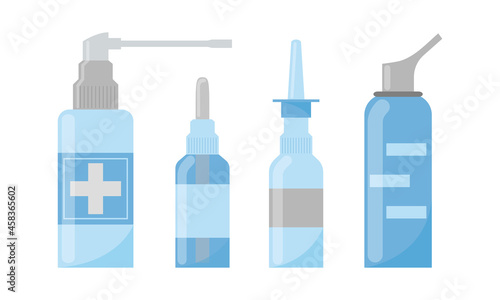 Medical nasal sprays. Vector set. Medications for rhinitis treatment. Pharmacy objects for nose isolated on white background