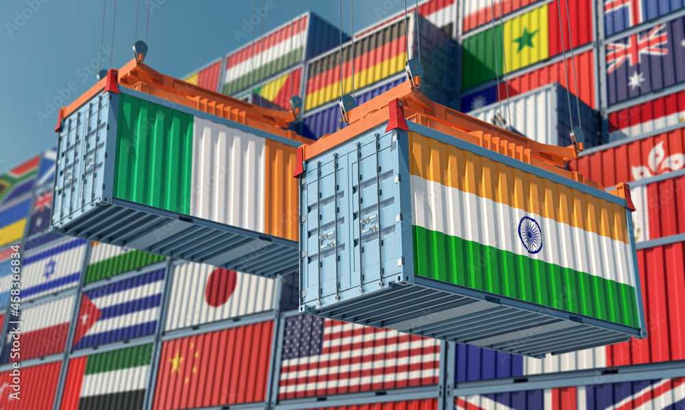 Freight containers with India and Ireland national flags. 3D Rendering 