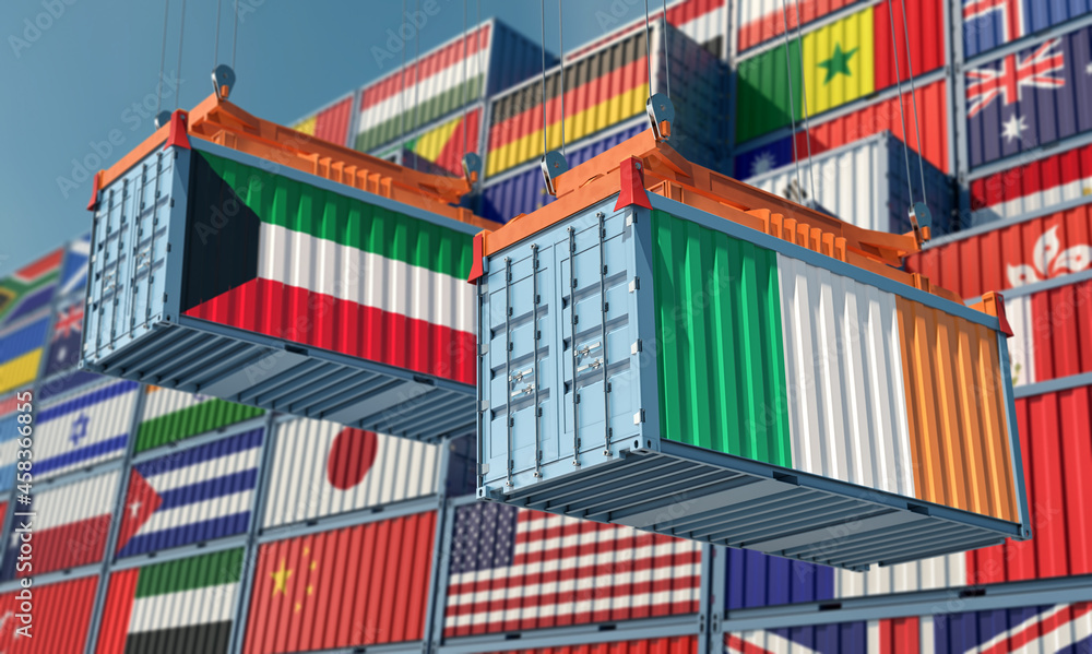Freight containers with Kuwait and Ireland national flags. 3D Rendering 