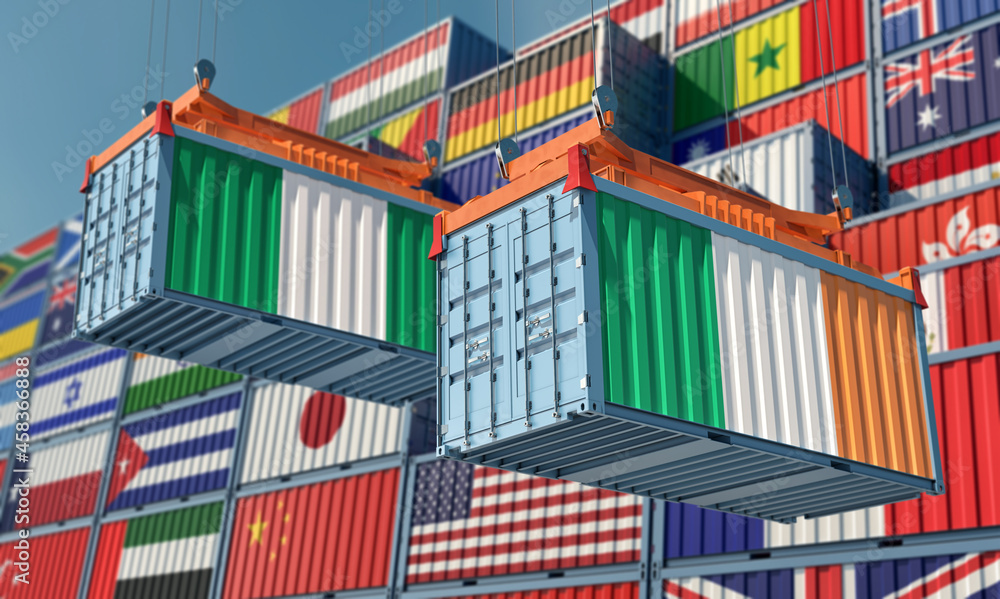 Freight containers with Nigeria and Ireland national flags. 3D Rendering 