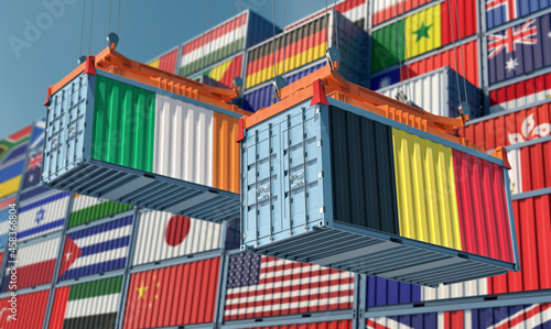 Freight containers with Belgium and Ireland national flags. 3D Rendering  © Marius Faust