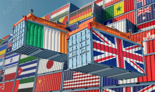 Freight containers with United Kingdom and Ireland national flags. 3D Rendering 