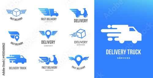 Blue delivery logos collection, set of emblems, symbols and icons. Fast delivery concept design