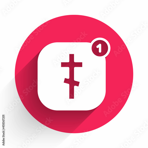 White Online church pastor preaching video streaming icon isolated with long shadow. Online church of Jesus Christ. Red circle button. Vector