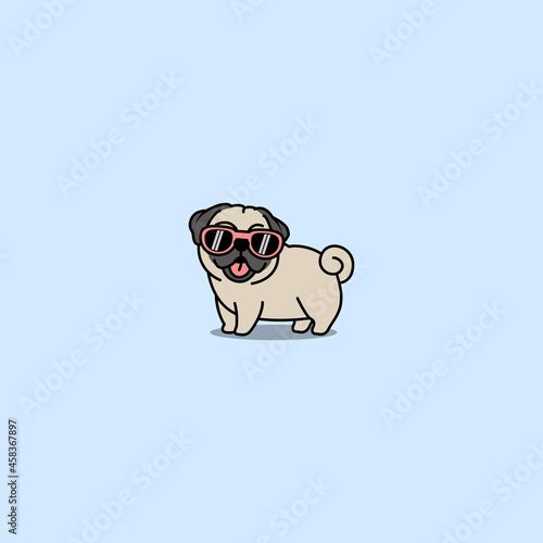 Cute pug dog with sunglasses cartoon, vector illustration