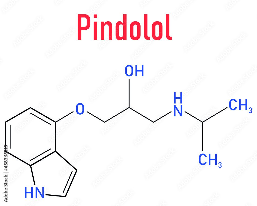 Pindolol beta blocker drug molecule. Skeletal formula. Pindolol beta blocker drug molecule. Skeletal formula.