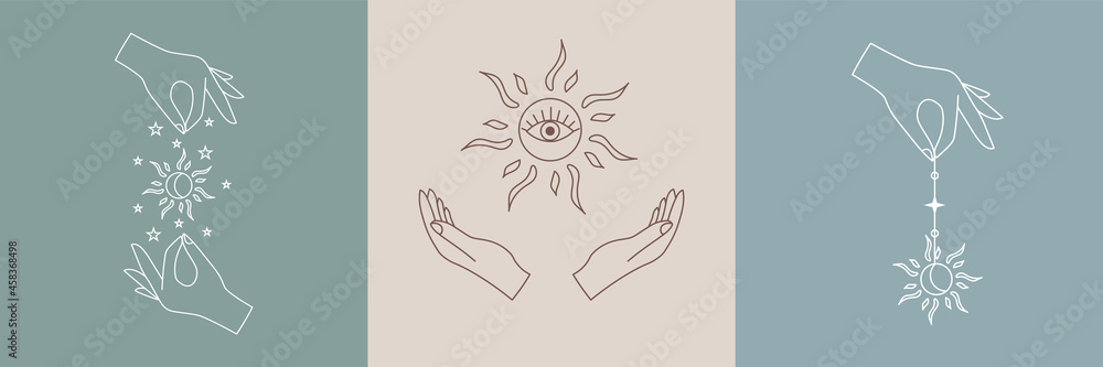 Set of alchemy esoteric mystical magic talisman with woman hands, sun, sacred geometry isolated. Spiritual occultism vector object. - obrazy, fototapety, plakaty 