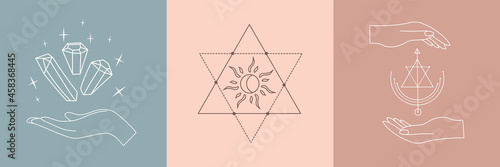 Set of alchemy esoteric mystical magic talisman with woman hands, sun, crystal, sacred geometry isolated. Spiritual occultism vector object.