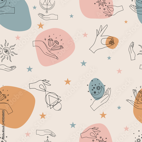 Vector seamless pattern with colorful alchemy and mystic signs eye, triangles, palms, moons, stars, astrology symbols hand drawn in lines.