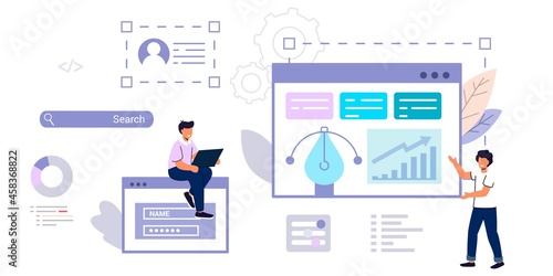 Programmer or coder looking at notebook display and program window with code Concept of script coding Correct errors Programming in php API or application interface for software connection development