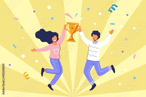 Goal achievement Successful businessmen Progress and career ladder Male and female characters Vector illustration Best winner prize Persons are happy about the deal People jumping for joy with cup