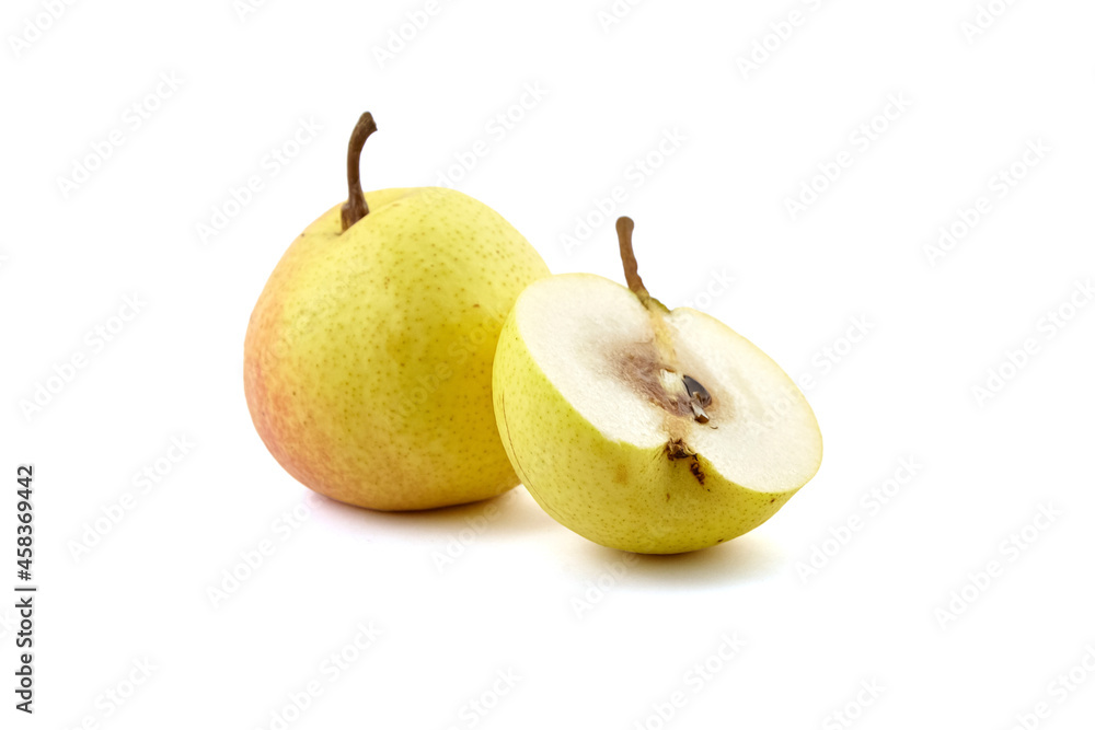 Halved ripe pear fruit isolated on white background Halved ripe pear fruit isolated on white background