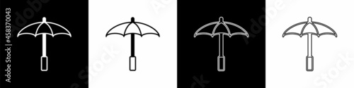 Set Sun protective umbrella for beach icon isolated on black and white background. Large parasol for outdoor space. Beach umbrella. Vector