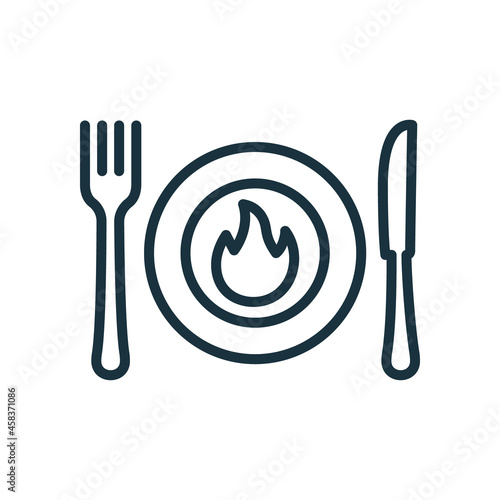 Calorie Burning Concept Line Icon. Plate with Fork, Knife and Flame Linear Pictogram. Product for Fast Metabolism Outline Icon. Editable Stroke. Isolated Vector Illustration