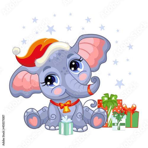 Cute Christmas elephant with gifts vector illustration