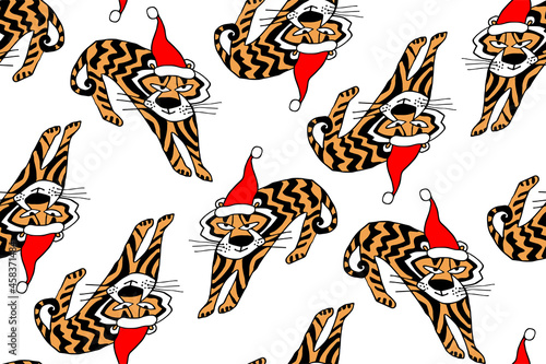Tiger in red cap seamless pattern with Christmas symbol 2022 isolated on white. Animal of Chinese New Year. Sticker, printing, clip art, package, postcard, poster.