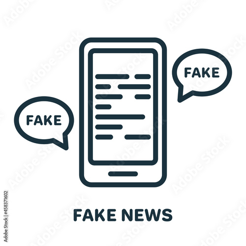Fake News on Mobile Phone Line Icon. Disinformation Concept. Hoax, Fake, False on Smartphone Linear Pictogram. Message with Misinformation Outline Icon. Editable Stroke. Isolated Vector Illustration