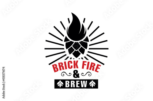 vintage brew badge logo with hot brick oven and flame. Vector illustration