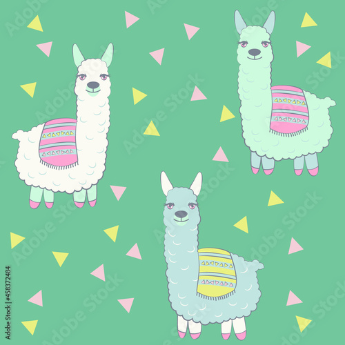 Vector alpaca pattern for kids. Colorful seamless alpaca, triangle, clouds and mountains pattern. Perfect for greetings, invitations, manufacture wrapping paper, textile and web design. Vector pattern photo