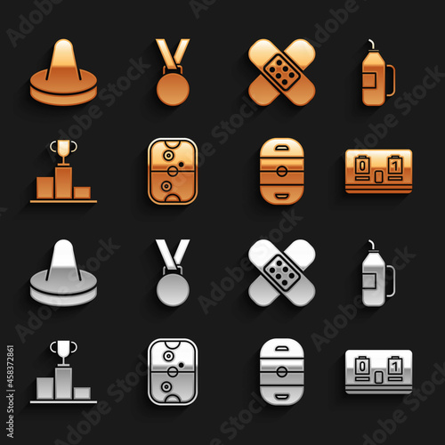 Set Air hockey table, Fitness shaker, Hockey mechanical scoreboard, Ice rink, over sports winner podium, Crossed bandage plaster, Mallet for playing air and Medal icon. Vector