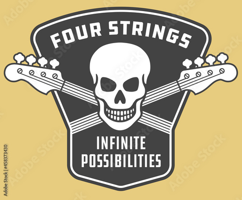 Bass guitar badge or emblem
Vector illustration of crossed bass guitar necks with skull. Four strings infinite possibilities.
