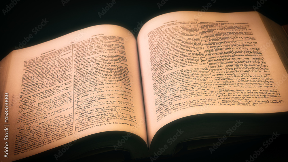 Fototapeta premium Ancient Greek, Latin Dictionary with soft yellow dramatic light, Education, knowledge concept