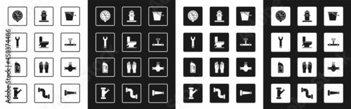 Set Bucket, Toilet bowl, Wrench spanner, Water meter, Industry pipe and valve, Fire hydrant, and Container with drain cleaner icon. Vector