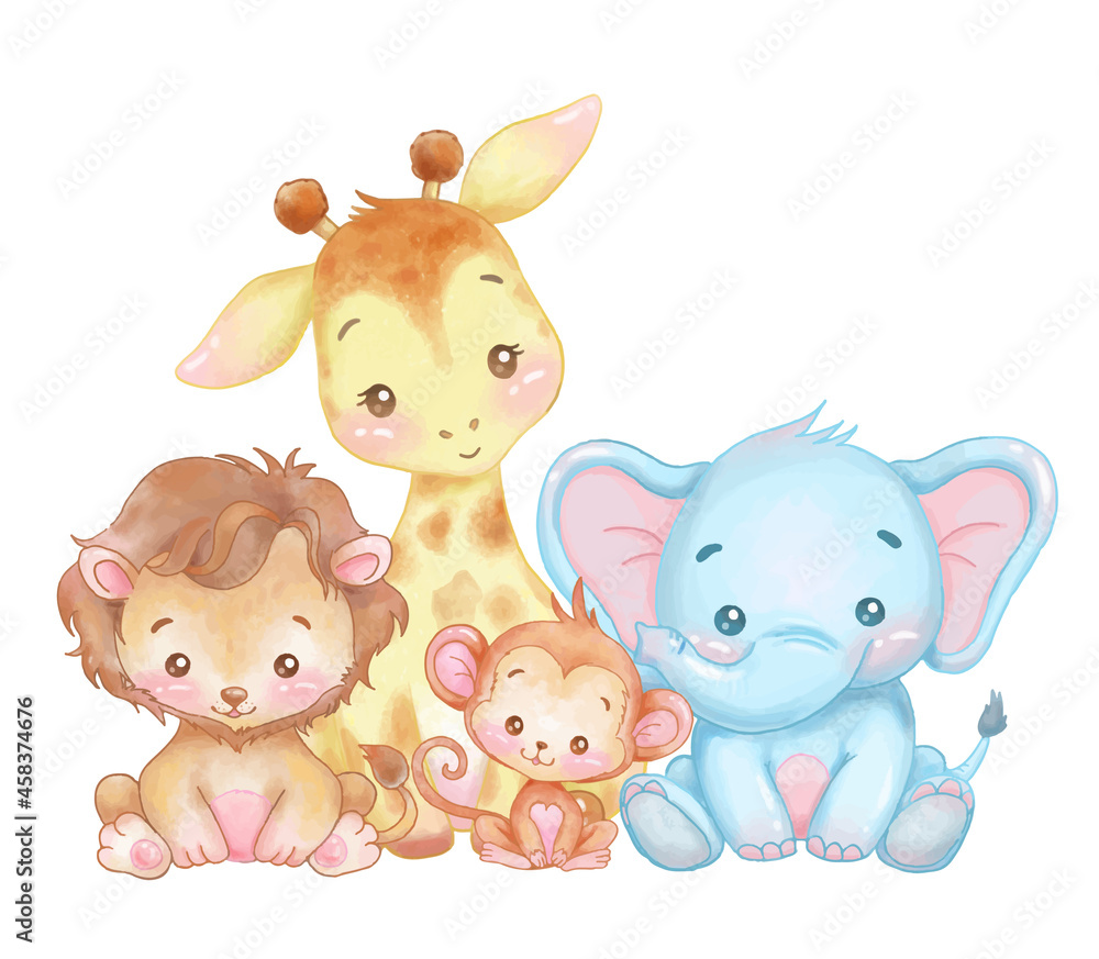 Cute Jungle animals set.  Woodland Vector illustrations. Baby animals . Vector illustration with cute animals. Nursery baby  illustration