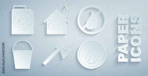 Set Firefighter axe, No fire, bucket, flame, in burning house and Canister for flammable liquids icon. Vector
