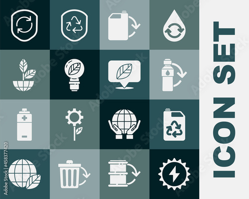 Set Solar energy panel, Eco fuel canister, Recycling plastic bottle, Light bulb with leaf, Earth globe and plant, Recycle symbol inside shield and Location icon. Vector