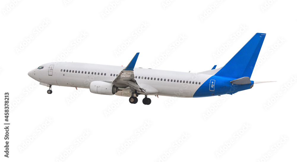 Modern passenger airliner during flight, isolated on white background, side view close up