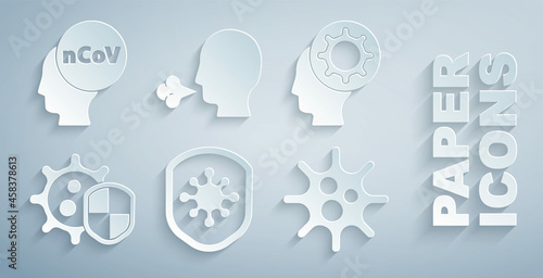 Set Shield protecting from virus, Human and, Virus, Man coughing and Corona 2019-nCoV icon. Vector