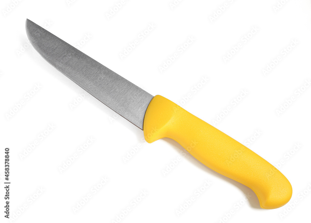 Sharp metallic knife with plastic yellow handle isolated on white background Sharp metallic knife with plastic yellow handle isolated on white background
