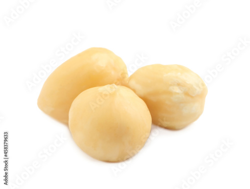 Tasty organic hazelnuts on white background. Healthy snack