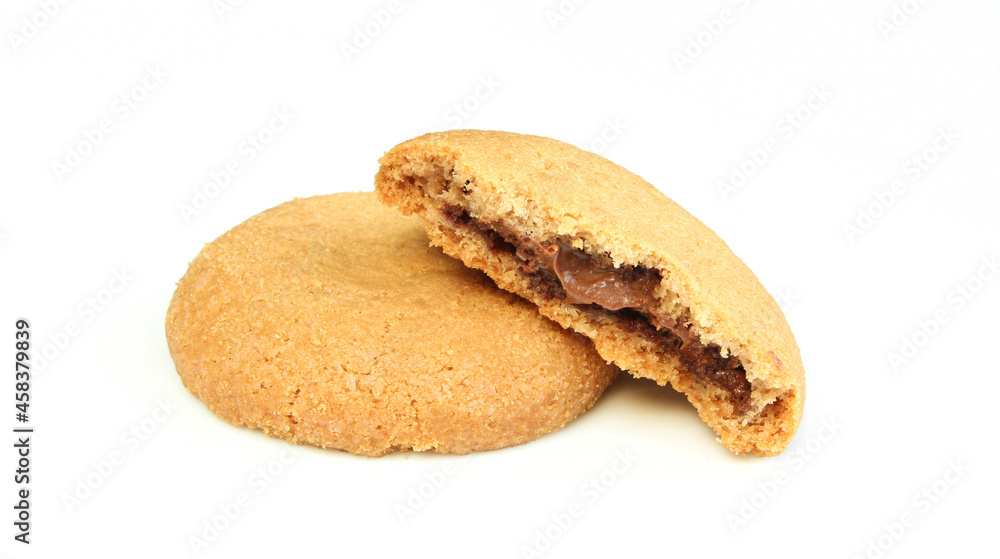 Cracked cookies stuffed with chocolate filling isolated on white background Cracked cookies stuffed with chocolate filling isolated on white background