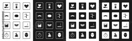Set Heart heal, Lemon, Eye sleep mask, hand, Bamboo stems with leaves, Bottle of shampoo, Scented spa stick and Glass water icon. Vector