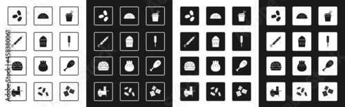 Set Asian noodles and chopsticks, Popcorn in box, Grilled shish kebab, Chicken nuggets, Corn dog, Taco with tortilla, leg and Burger icon. Vector