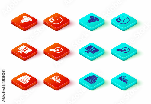 Set Online ordering and burger delivery, Fast by car, Clock 24 hours and Slice of pizza icon. Vector